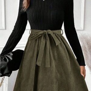 One Piece Thread & Supply Black Ribbed Top with Olive Green Skirt